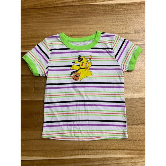 Pokemon Kids Halloween Pikachu T-Shirt Striped Short Sleeve Green Collar & Cuffs - Picture 1 of 10